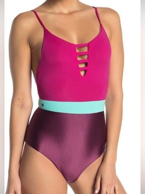 Maaji Magenta and Teal One-Piece Strappy, Cheeky lace up  Swimsuit